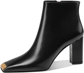 XYD Women Trendy Closed Square Toe Ankle Boots High Chunky Stack Heel Short Bootie Winter Fall Outdoor Party Event Shoes with Zipper