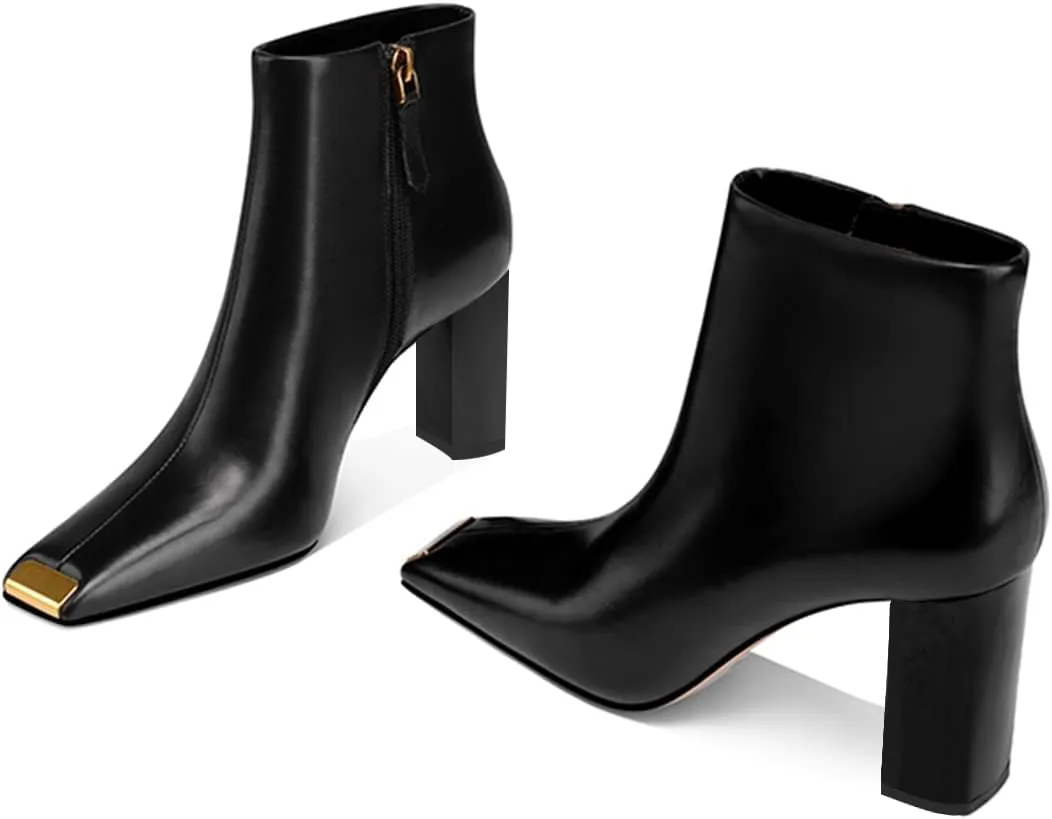 XYD Women Trendy Closed Square Toe Ankle Boots High Chunky Stack Heel Short Bootie Winter Fall Outdoor Party Event Shoes with Zipper