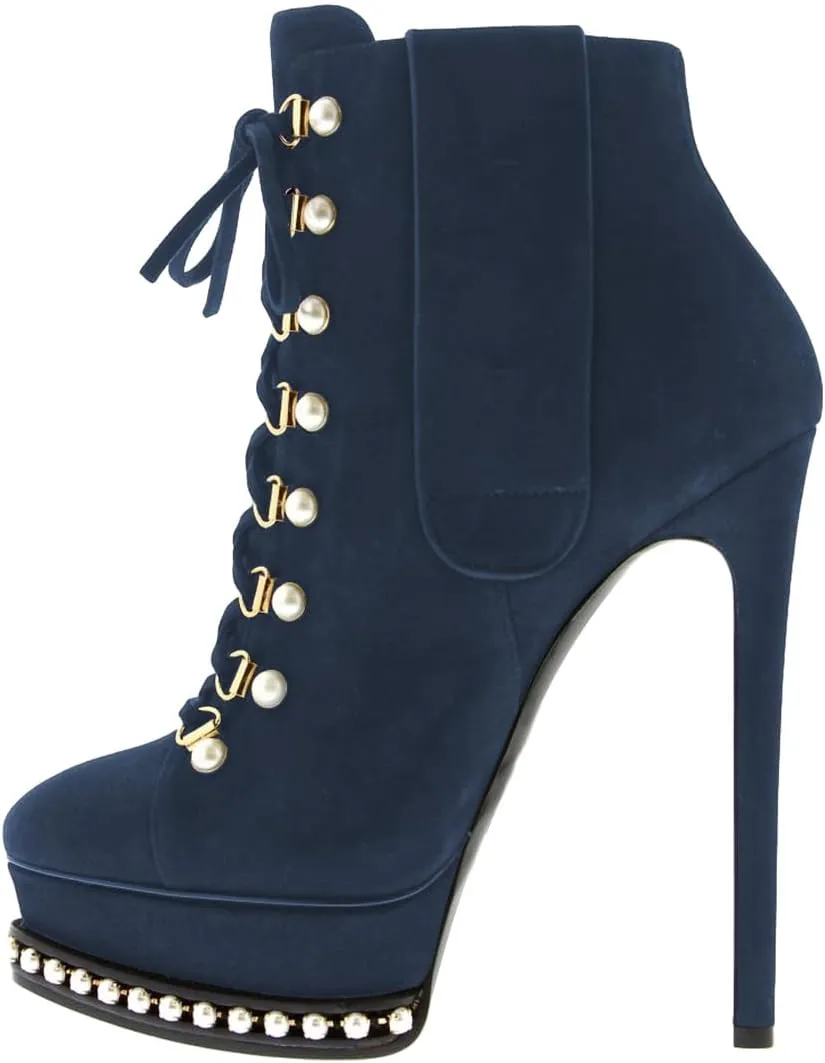 XYD Women's Chic Boots Lace Up Strappy Pearls Platform Stiletto Heels Closed Toe Ankle High Short Booties Night Club Party Evening Dressy Fashion Shoes
