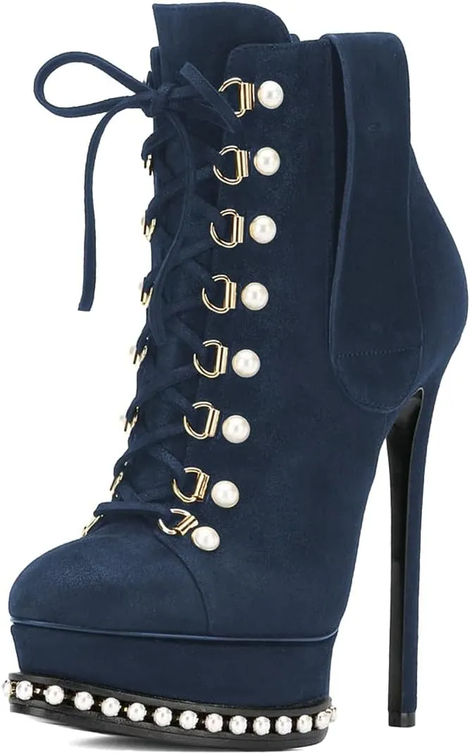 XYD Women's Chic Boots Lace Up Strappy Pearls Platform Stiletto Heels Closed Toe Ankle High Short Booties Night Club Party Evening Dressy Fashion Shoes