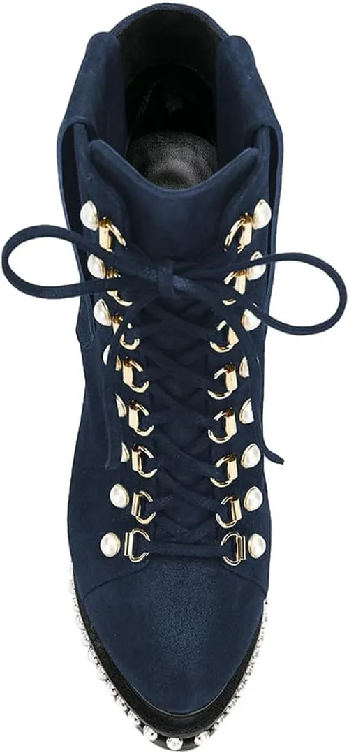 XYD Women's Chic Boots Lace Up Strappy Pearls Platform Stiletto Heels Closed Toe Ankle High Short Booties Night Club Party Evening Dressy Fashion Shoes