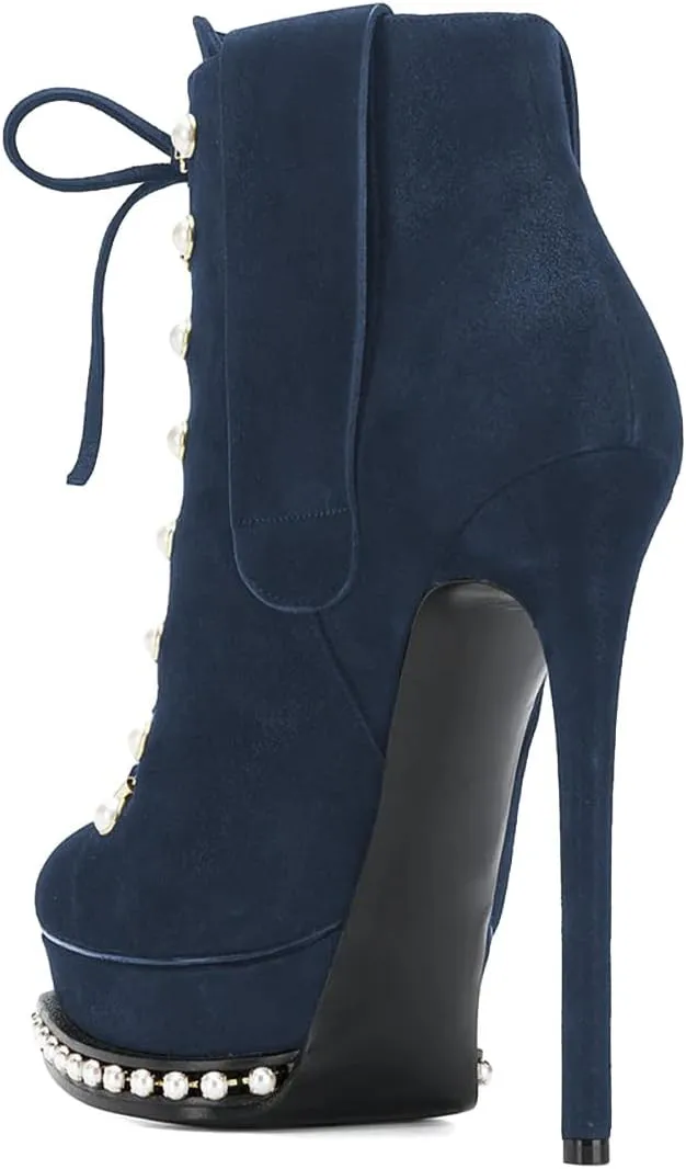 XYD Women's Chic Boots Lace Up Strappy Pearls Platform Stiletto Heels Closed Toe Ankle High Short Booties Night Club Party Evening Dressy Fashion Shoes
